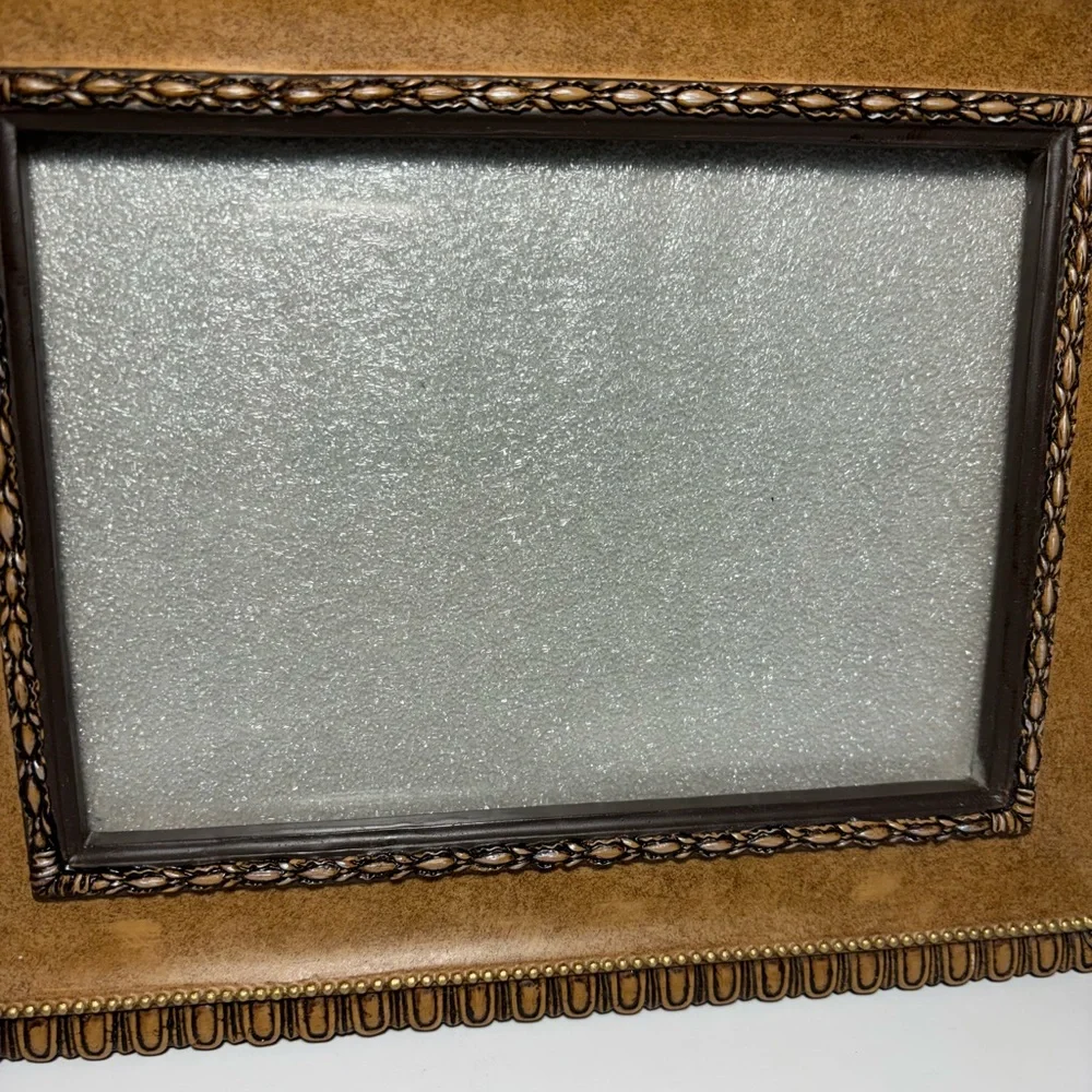 Picture Frame 5X7 Photo Heavy Leather Look  Carved Faux? Wood Detail 7.5” X 9.5”